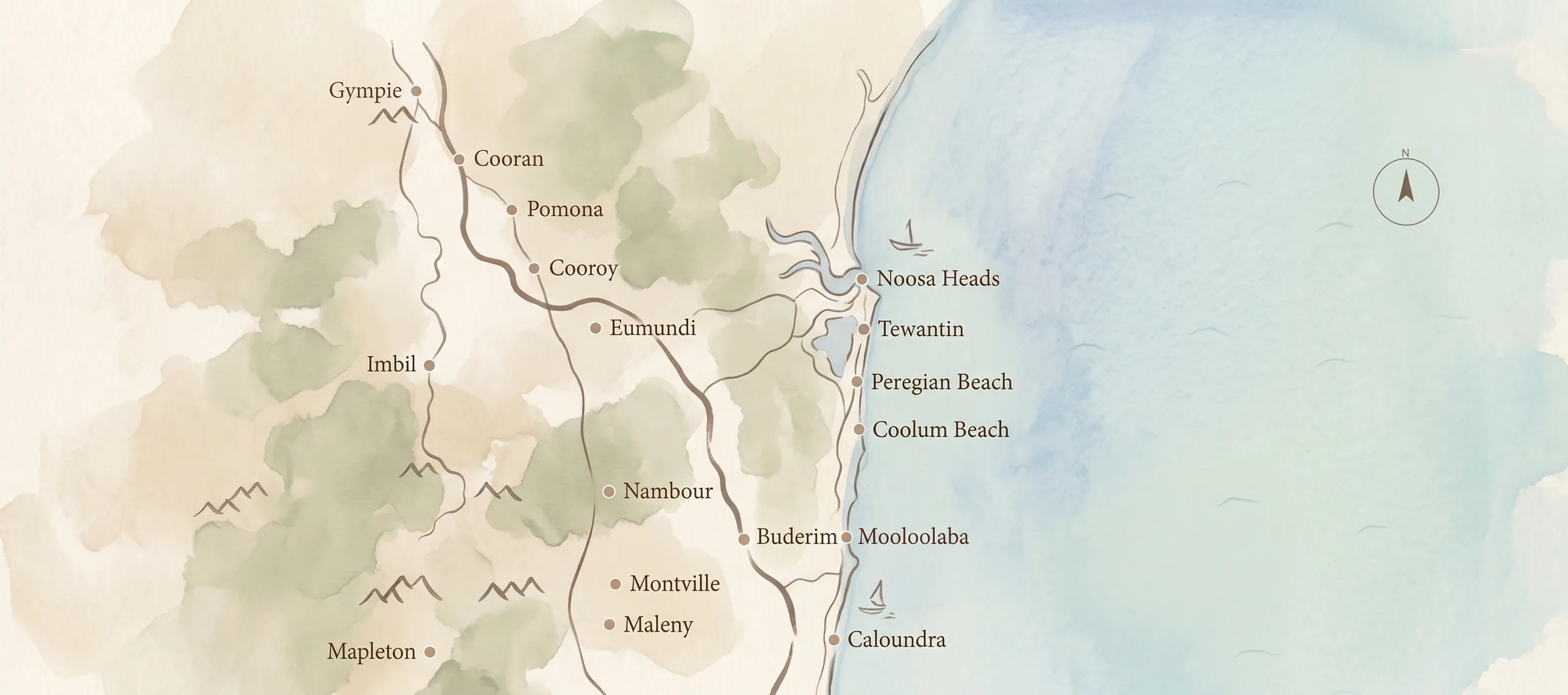 Illustrated map of the Sunshine Coast and hinterland, from Gympie to Caloundra